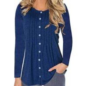 ZKHOECR Womens Round Neck Long Sleeve Pleated Top